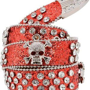 Studded Rhinestone Red Belt – Y2K Skull Cowgirl Goth Belt for Jeans & Dresses